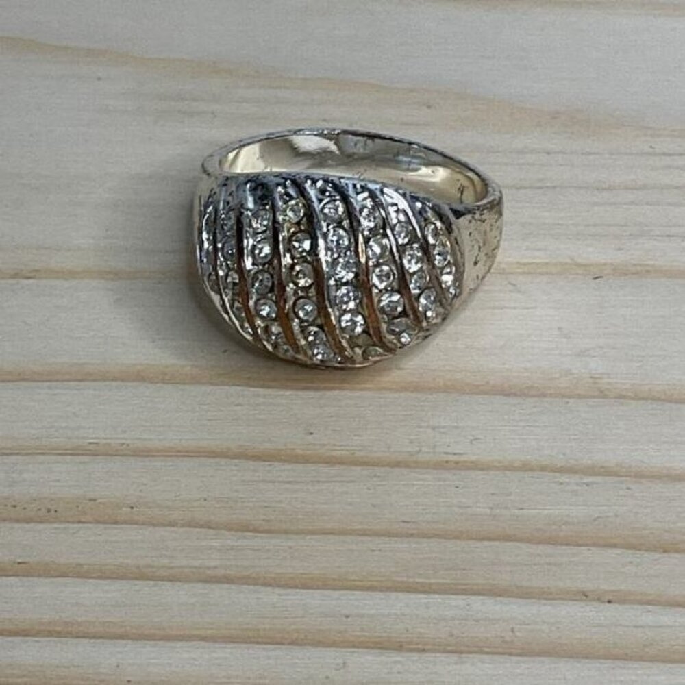 Silver Toned Band Ring Wide Faux Crystal Ring